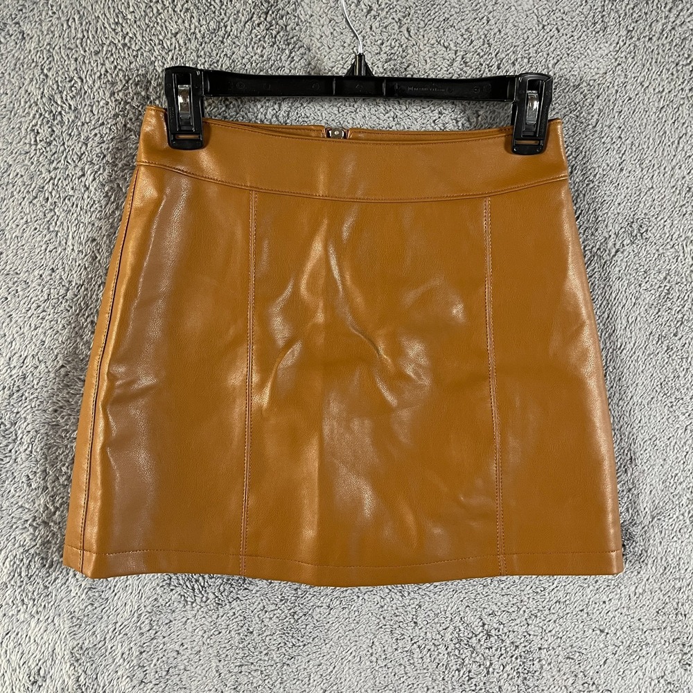 Forever 21 Mini Skirt Womens S Camel Brown Faux Leather Office Career Back Zip